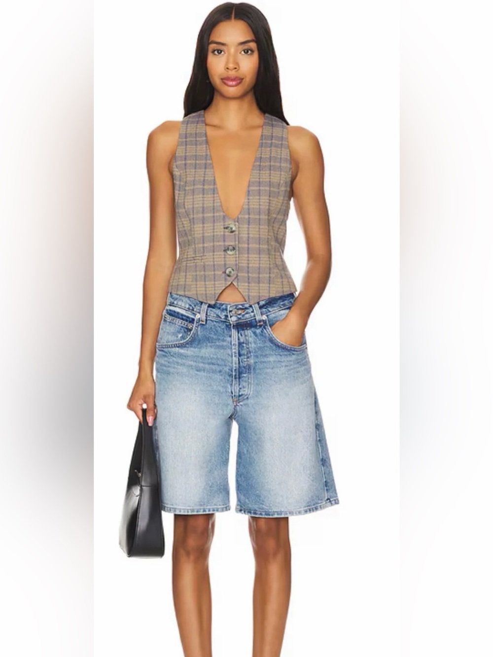 Free People Plaid Deep-V Vest in Brown and Tan
